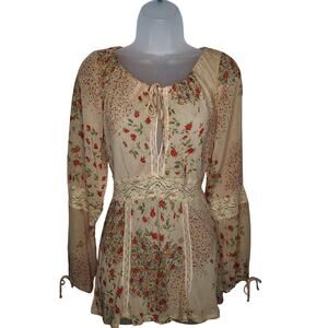Vintage Y2K Bebe Babydoll Top Medium Fairy Grunge Boho Lace Floral Milkmaid